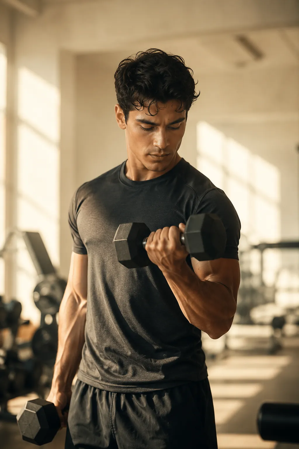 Athlete mid dumbbell curl in a sunlit gym